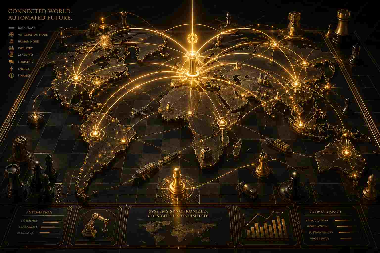 Connected world automation map with golden AI network lines